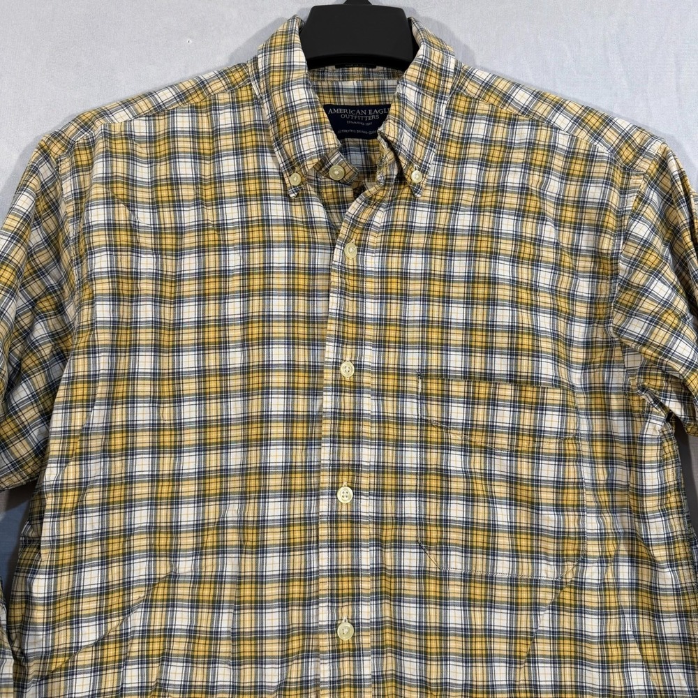American Eagle Long Sleeve Button Shirt Men's Size S Yellow Plaid Chambray